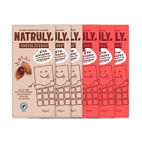 NATRULY Tableta de Chocolate sin Azúcar y sin Edulcorantes con Fibra de Achicoria, sin Gluten | Sabor Chocolate con Leche y Negro 72% Cacao -Pack 6x85 g