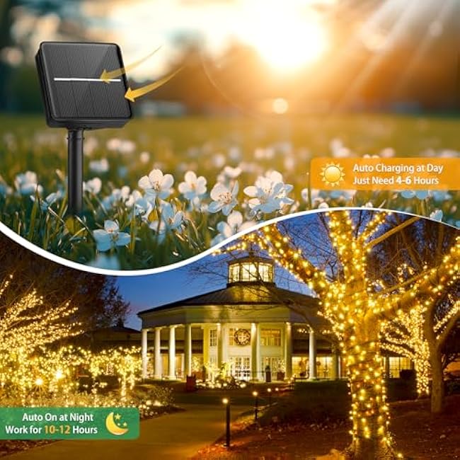Brightown Solar String Lights Outdoor Waterproof, 9.8Ft 120 LED Garden Decor with 8 Modes, Solar Cluster Twinkle Lights for Yard, Fence, Balcony, Party, Outdoor Decor (Warm White)