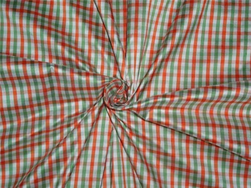 Tissu 100% pure soie Dupioni de luxe à carreaux orange et vert pour haute couture