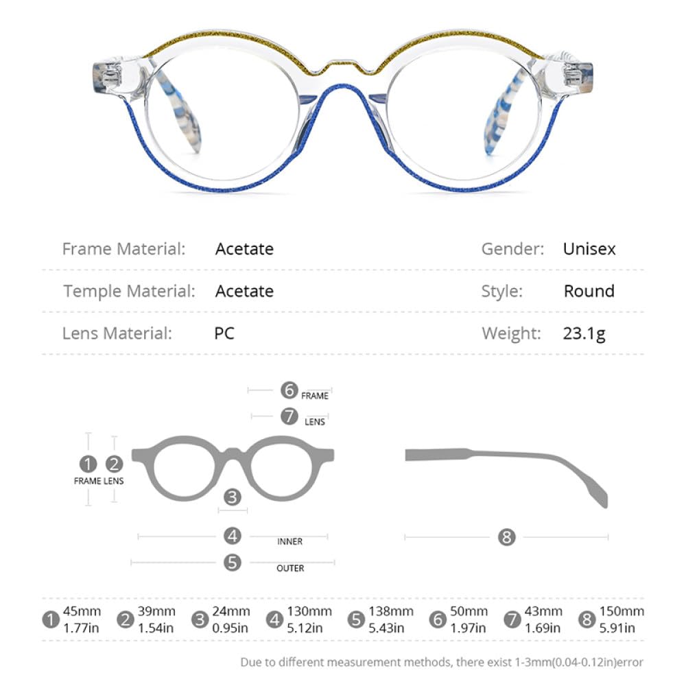 MUTYNE Montura de gafas de acetato en polvo para mujer, anteojos redondos Vintage transparentes, gafas para hombre