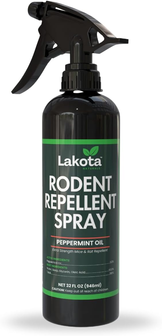 Lakota Naturals 32oz Industrial Strength 5% Peppermint Oil Rodent Repellent Spray for Mice & Rats. Stop Rats and mice from Chewing on car Engine Wires, Tractors, Equipment. Indoor and Outdoor use.