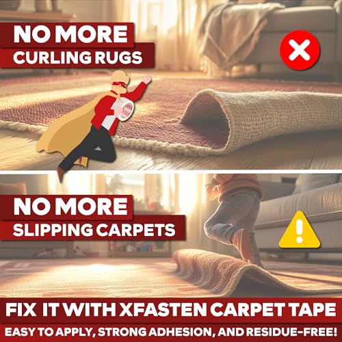 XFasten Double Sided Carpet Tape for Area Rugs, Residue-Free, 2-Inch x 30 Yards; Wood Safe 2 Faced Rug Tape for Carpet to Floor and Rug to Carpet Applications