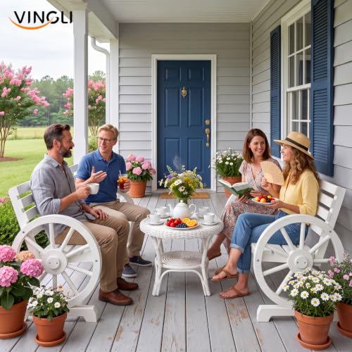 Image of VINGLI Rustic Wooden Wheel Bench Outdoor Bench, Patio Bench Wagon Slatted Seat, Garden Benches for Outdoors 350lbs High Capacity, Weather Resistance (White, 41in)