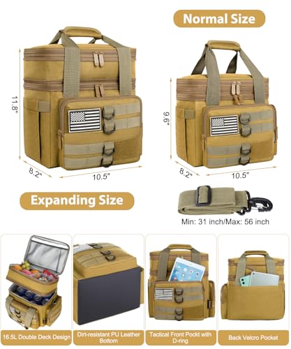 Tactical Lunch Box for Men, Large Insulated Lunch Bag for Adult, Heavy Duty Double Deck Expandable Lunch Cooler Bag with American Flag, Leakproof Soft Lunch Pail for Work Office Camping - Brown - image 2