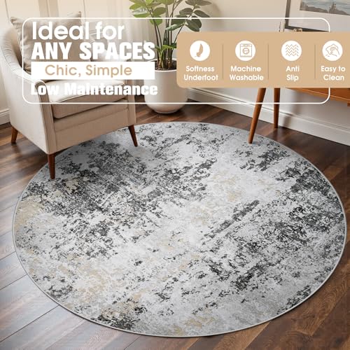 Round Rug 5ft Circle Rug Washable: Carpet Small Circular Area Rug for Entryway Kitchen Bedroom Dining Room Living Room 5 Feet Abstract College Dorm Non Slip Low Pile Black Grey Gold