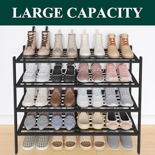 Image of Smiry Bamboo Shoe Rack, 5 Horizontal Slats, 4 Tier - 33.9 inch Wide, Black