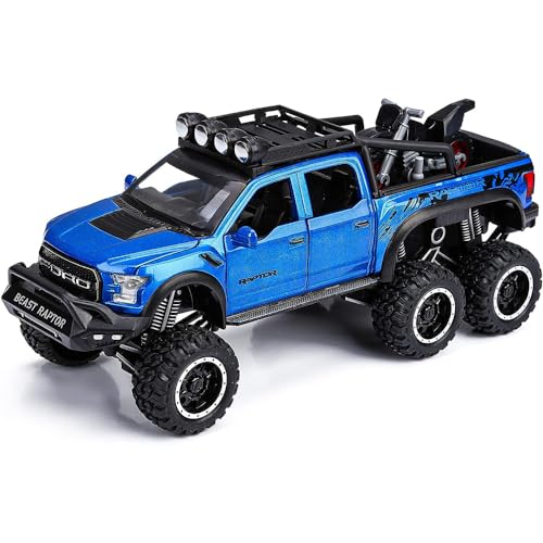 Image of DEUSON ECOM Exclusive Alloy Metal Die Cast Car Pull Back 1:24 Raptor F150 Diecast Metal Pullback Toy Car With Openable Doors, Light Music Boys Gifts Toys For Kids, Multicolor