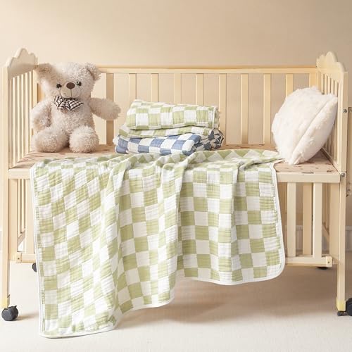 Image of Ultra Soft Cozy Cotton 6-Layer Muslin Baby Blanket 41 inchx41 inch Breathable Lightweight Checkered Swaddle Blanket for Baby Boy Girl Birthday Gifts All Seasons Both Sides Sage Green