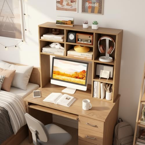 Image of Tangkula Desktop Bookshelf, 37 inch Countertop Storage Hutch with 7 Cubes & 3 Adjustable Shelves, 3-Tier Desk Display Rack Organizer, Multipurpose Wood Desktop Hutch for Dorm Home Office (Natural)