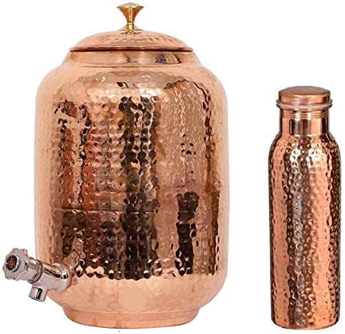 Traditional Fiber Pure Copper Water Dispenser - Indian Hand Hammered Ayurveda Water Storage Pot Metal Matka - 270 Oz 1 Hammered Bottle (700 ML) (610 Fl Ounces)