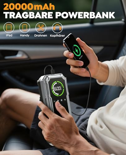 NACKEO 8000A Starthilfe Powerbank mit Kompressor 160PSI, 12V Auto Starthilfe Powerbank für alle Benzin und 12L Diesel, 20000mAh Starthilfegerät mit Starthilfekabel, 600 Lumen LED-Licht und LCD-Bildschirm - Zusatzansicht 4 | Tages Deals