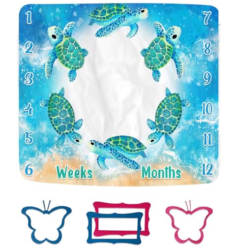 Image of Turtle Milestone Blanket Blue Sea Life Baby Blanket Beach Newborn Gift with Week Months Swaddling Bag 60x40in BTYHFH046