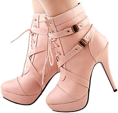 SHOW STORY Baby Pink Buckle Strappy High Heel Stiletto Platform Ankle Boots,LF30470BP38,7US,Baby Pink | Image 6