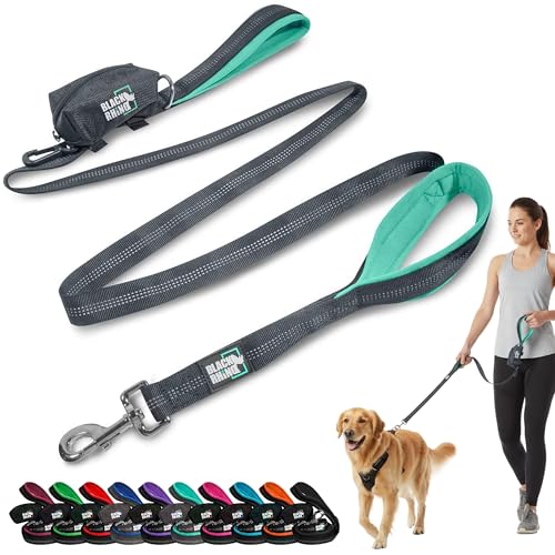 Black Rhino Heavy Duty Dog Leash for Medium and Large Dogs - 6 ft Long Double Handle Leash with Padded Traffic Control Handles and Bag for Comfort - Reflective, Durable, and Weather Resistant (Aqua)