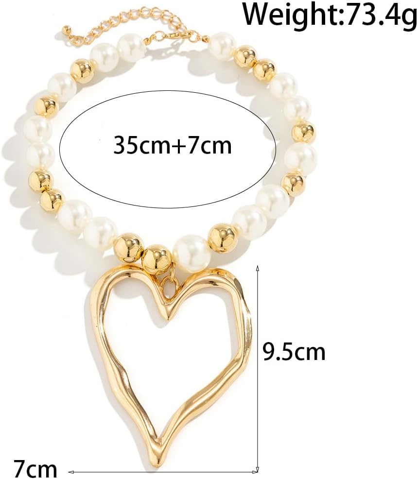 Exaggerated Heart Pendant Pearl Necklace,Charming Plated Gold Chunky Love Ball Statement Choker,Sweet Heart Beaded Collar Necklace for Women - Image 3