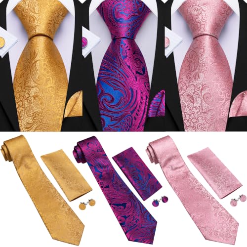 Image of Barry.Wang 6 PCS Men Ties Set Silk Business Fashion Woven Necktie Handkerchief Cufflinks Paisley Stripe Wedding Party