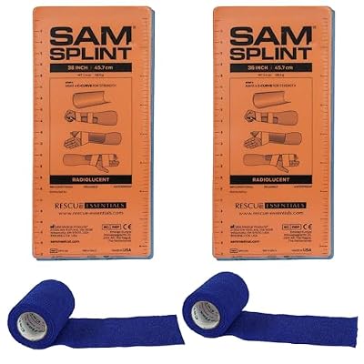 Rescue Essentials SAM Splint Combo Pack, (2) 4.25 x 36 Orange/Blue Flat Fold Moldable Splints for Fracture & Sprain Immobilization Plus (2) 3 x 5 Yards Blue Cohesive Wrap, First Aid Emergency Use- 4 Piece Kit