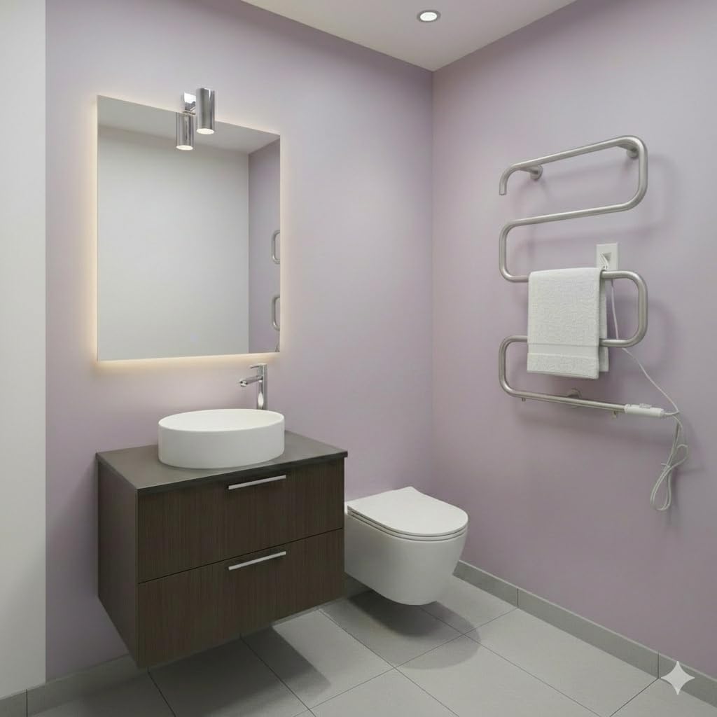 Warmrails Classic Towel Warmer, wall-mounted in a modern bathroom with a white towel hanging on it.
