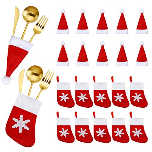 Morobor 40PCS Christmas Tableware Socks and Christmas Cutlery Hat, Snowflake Tableware Socks and Mini Santa Hat Knife and Fork Bag for Party Dinner Table Decoration Supplies.