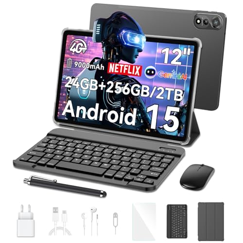 Blackview Mega 2 Tab 12 Pulgadas Tablet Android 15 Dual 4G LTE y 5G WiFi,24GB RAM+256GB ROM/2TB TF,Cámaras IA,9000 mAh,Widevine L1/GPS/WPS/PC Tableta con Teclado,Ratón,Funda Protectora,Lápiz Óptico