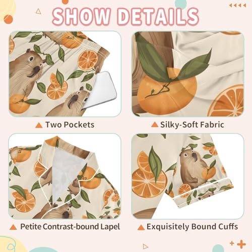 senya Cute Capybaras with Oranges Satin Summer Pajama Sets Silk Short Sleeve Button Down Sleepwear3