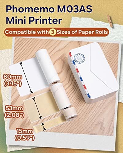 Phomemo Mini Printer M03AS 80mm Portable Mini Pocket Printer Inkless Thermal Printer Bluetooth 304dpi 15/53/80mm Print Width,Compatible with Android & IOS,for Images,Journal,Study Note,Stickers