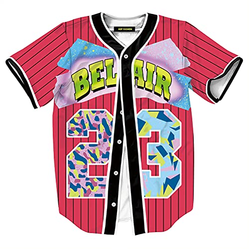 HOP FASHION Womens Mens 90s Theme Baseball Jersey Hip Hop Bel Air Button Down Shirt Short Sleeve Tops for Birthday Party HOPM007-Red Stripe-XL