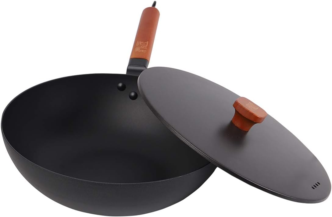DINGJIANG Nonstick Cast Iron Wok Stir–Fry Pan Skillet with Lid Rustproof Heat Retaining (11.8-inch)