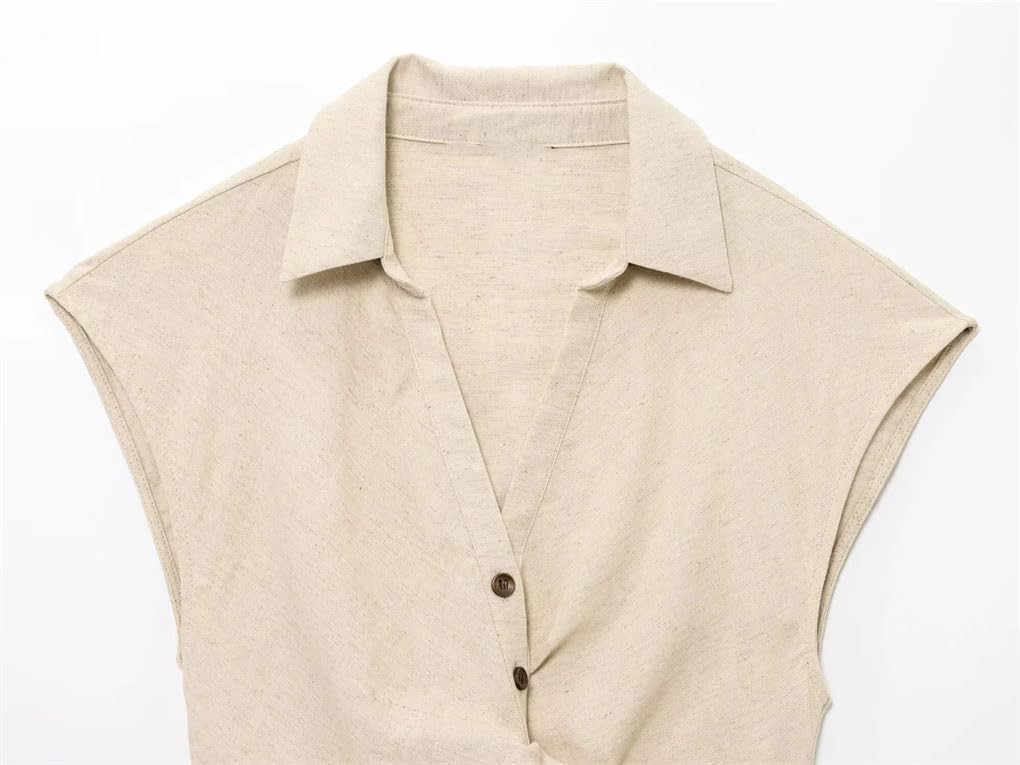 Women's Temperament Linen Blend Pleated Lapel Sleeveless Top Button Skirts Solid Color Temperament Suit