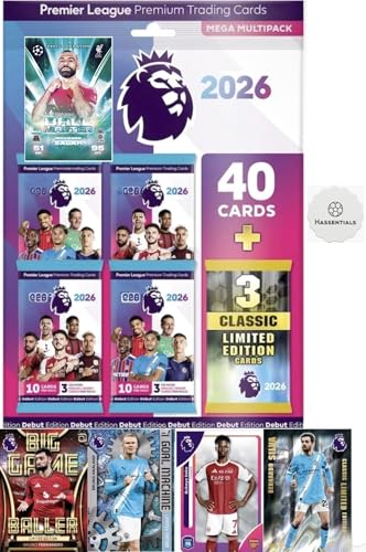 Premier League 2026 - Debut Edition - Mega Multipack 25/26 Soccer Cards Includes 40 Cards + 3 LE Cards + Bundle with Hassentials Sticker Premier League Cards