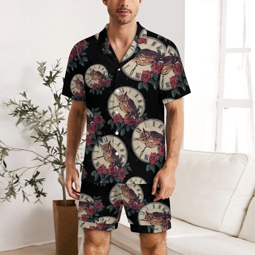 Owl Rose Flowers Clock Mens Pajamas Set Short Sleeve Sleepwear Summer Pjs Sets 2 Piece Loungewear Nightwear2
