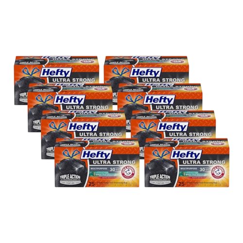Image of Hefty Ultra Strong Multipurpose Trash Bags, Black Large Flexible Bags with Drawstring, White Pine Breeze Scent, 30 Gallon Bags, 25 CT Bags Per Pack (Pack of 8)