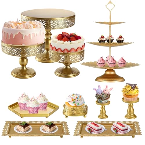 Voittozege 10 Pcs Gold Cake Stand Set, Metal Cupcake Holder Dessert Table Stands and Trays, Pastry Candy Fruits Serving Plate Display for Christmas, Wedding, Birthday, Anniversary
