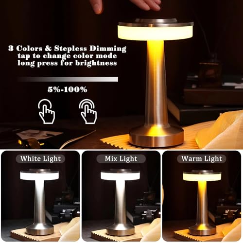 Image of Riakrum 2 Pcs LED Cordless Table Lamp Bulk Rechargeable,Silver | Portable Wireless Lamps, 3 Color Stepless Dimming, 15 Hour Battery, Touch Control, Wedding Home Restaurant Decor
