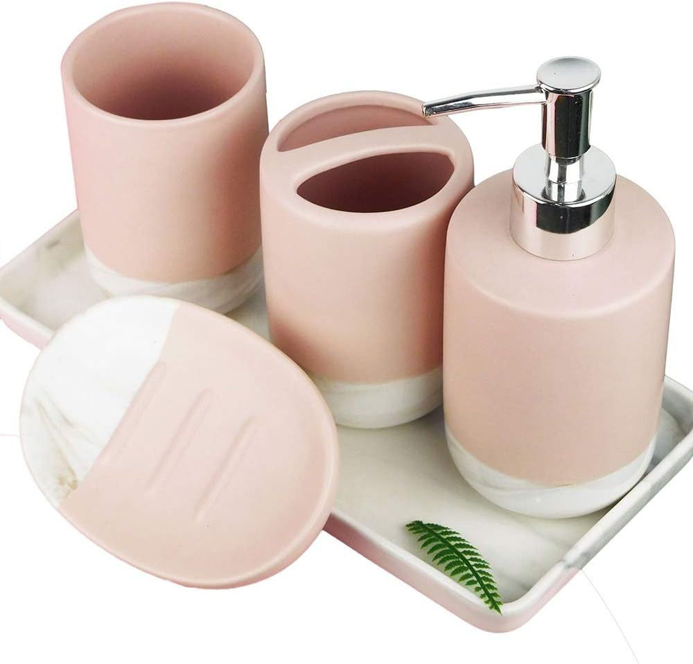 YRONG Ceramic Bathroom Accessories Set Marble Pattern Wash 5 Piece Set Large Hole Toothbrush Holder Housewares Hotel Hotel Toilet,Pink