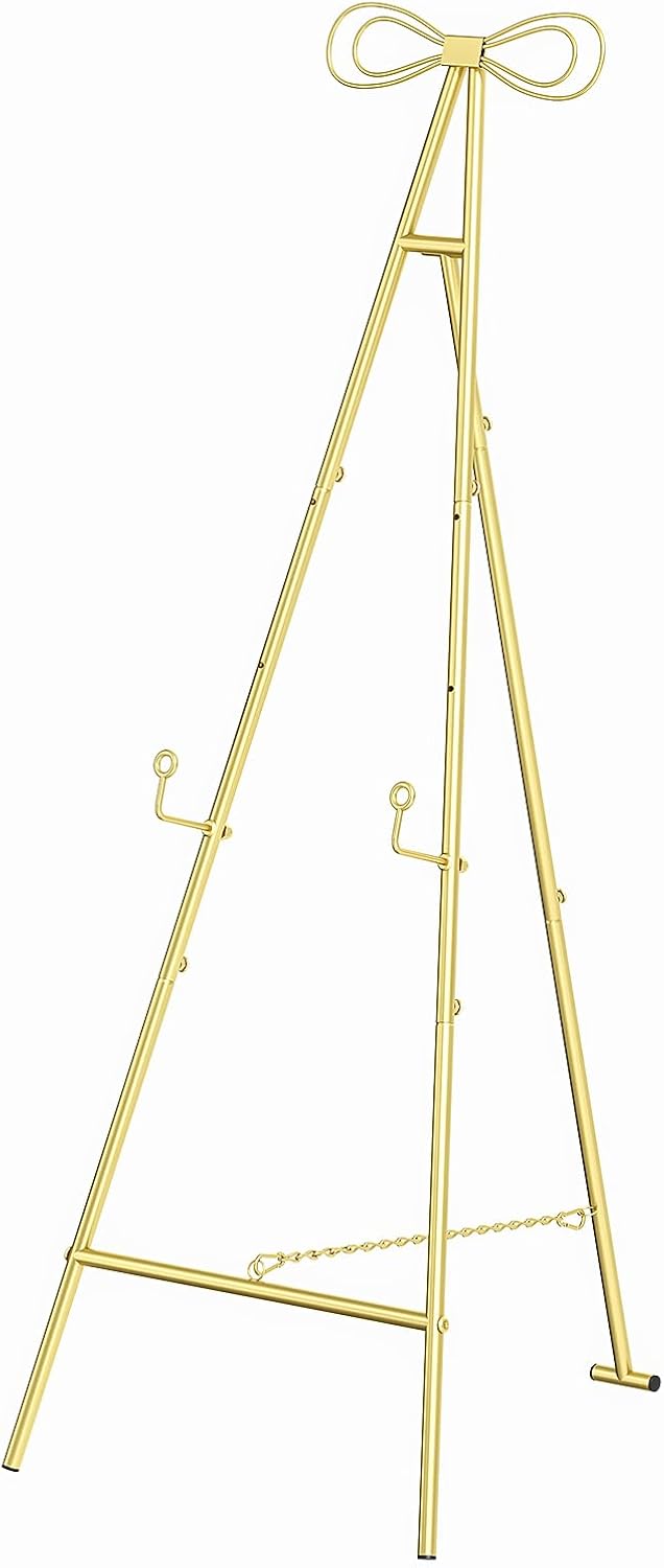 Gold Easel Stand for Sign with Bow Top, High Adjustable Easel Metal Easel for Display with Chain Support Display Stand for Sign Wedding Picture Frame Mirror,Round Tube
