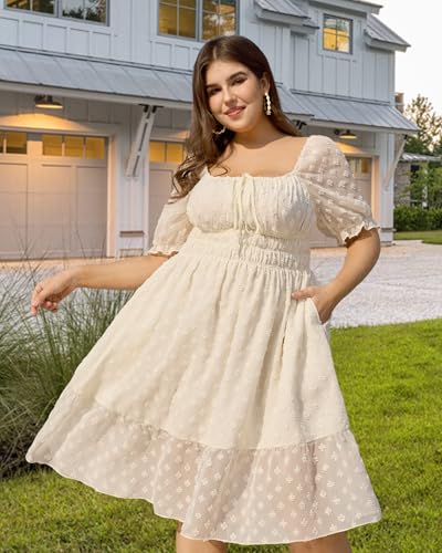 Image of 2025 Women Summer Plus Size Dresses Swiss Dot Puff Sleeve Square Neck Smocked Beach Vacation Flowy Tiered Dress