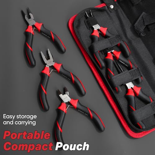 Mini Pliers Set 6Pcs - Needle Nose, Long Nose, Bent Nose, Diagonal, End Cutting and Linesman for DIY, Electronic Repairing & Jewelry with Pouch