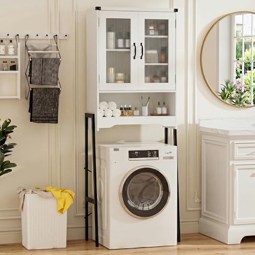 BonVache Waschmaschinenschrank mit Sichtfenstertür 5 verstellbaren Fächern und verstellbarem Metallständer platzsparendes Aufbewahrungsregal für Bad und Waschküche Weiß