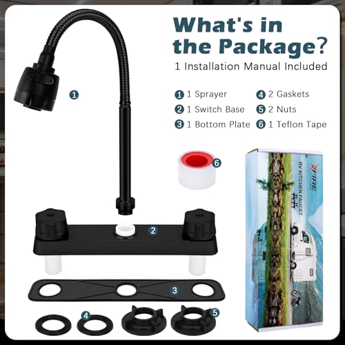Image of 8 in RV Kitchen Faucet, XFIRE-GEAR Camper Faucet Kitchen with Flexible Arc 360 Degree Rotatable Dual Function Sprayer, RV Sink Faucets for Motorhomes, Travel Trailers Accessories (Black)