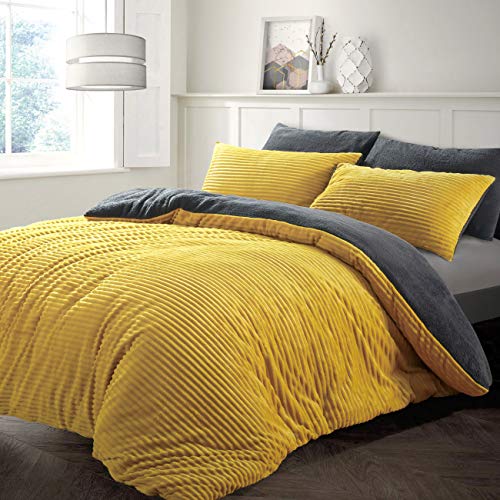 Velosso Teddy Cord Plush Cosy Reversible Corduroy Fleece Duvet Cover Quilt Bedding Set with Pillow Case Thermal Warm Fluffy Super Soft (Ochre/Charcoal, Single)