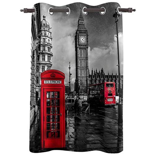 Thermal Insulated Grommet Blackout Curtains for Bedroom Kids Room 1 Panel 36 inch Length Window Treatment Home Decor Curtain Drapes for Girls Boys Red Telephone Booth Vintage London Street Big Ben