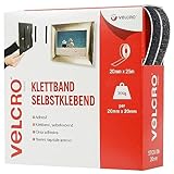 VELCRO Marke | Klettband Selbstklebend | Zuschneidbares, starkes, selbstklebendes Klettband mit Klettverschluss, perfekt für Raumdekoration und Wohnaccessoires, Garage | Schwarz | 20 mm x 25 m