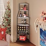 Espelism Estante esquinero de 5 Niveles con Soporte de Vidrio y Botellas, Estante de Esquina Industrial de Metal y Madera