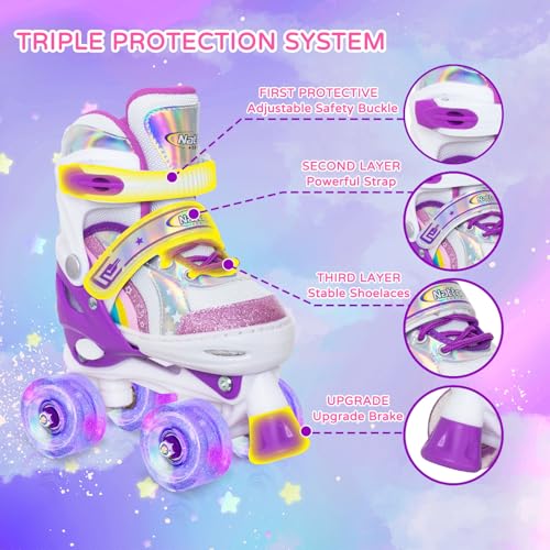 Image of Toddler Roller Skates for Little Kids Toddler Ages 3-5 3 4 5, 4 Size Adjustable Girls Rainbow Quad Skates with All Light Up Wheels - Best Birthday Gift for Outdoor Sports