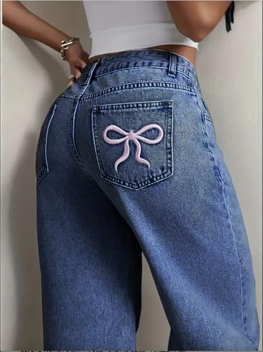 Image of Nifty Women's Denim Stretchable High Waist Light Wash Baggy Jeans || Back Pocket Bow tie Detail