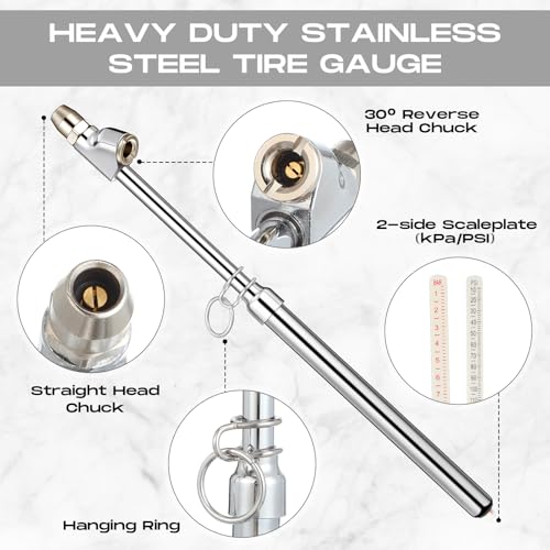Image of Tallew 10 Pack Tire Pressure Gauge Silver Heavy Duty Air Pressure Tire Gauge Dual Head Semi Truck Tire Pressure Gauge Range 10-150 Psi, Extended Tube Tire Gauge Suitable for Semi Truck, and Bus