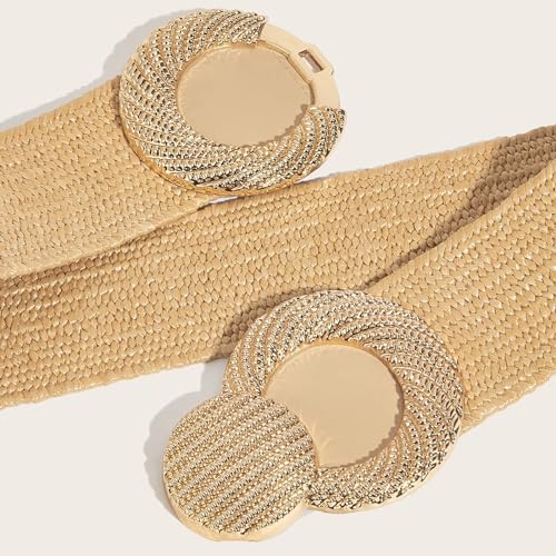 Women Braided Waist Belt Straw Weaving Straw Belt with Gold Buckle Decors Girl Dress Shirt Waist Belt3