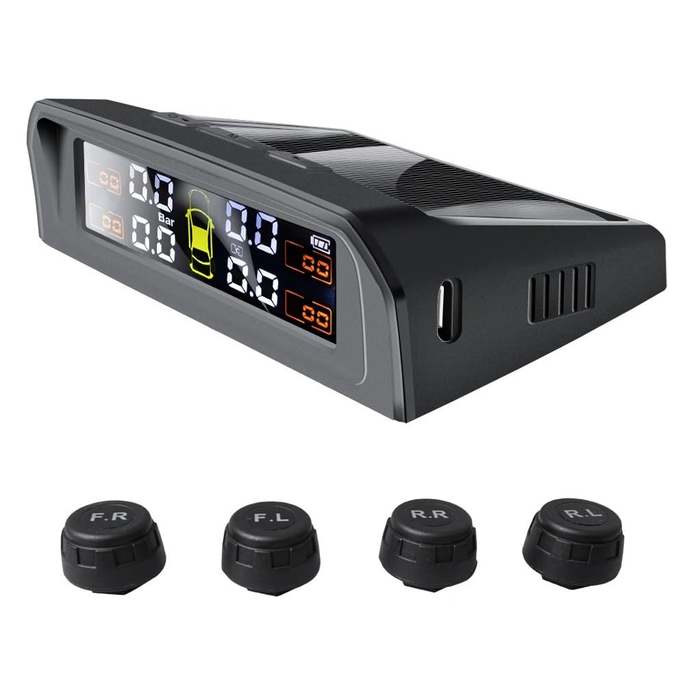 Tpms Sistema di monitoraggio della pressione dei pneumatici for auto a energia solare, allarme di sicurezza automatico, sensori di pressione dei pneumatici, sensore interno esterno a 4 ruote Pressione