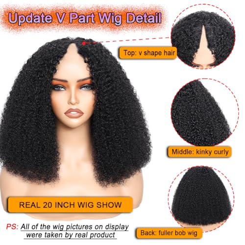 Image of V Part Wig Human Hair Kinky Curly Natural Black 18 Inch | Curly Human Hair Wig Upgrade U Part Human Hair Wigs for Black Women Glueless Wig Wear and Go 180 Density